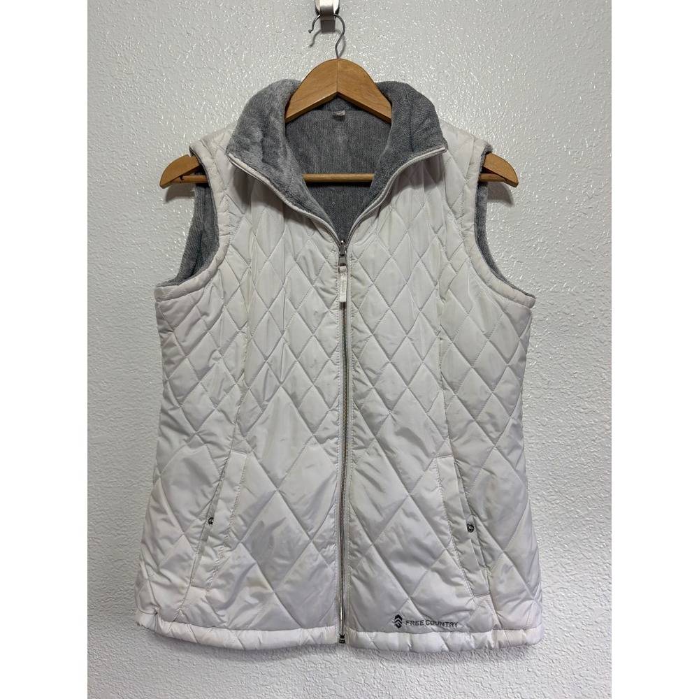 Free Country Womens White Quilted Fleece Lined Full Zip Puffer Vest Size M